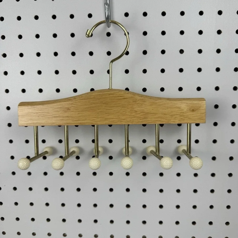 Vtg Mid Century Golf Ball Tie Belt Rack‎ Wood Brass Wall Organizer